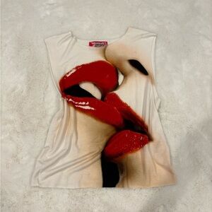 omighty Cream Tank Top with Red Lip Print